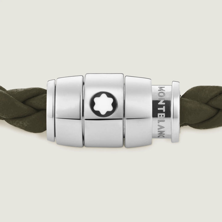 Bracelet Montblanc 3 anneaux en acier et cuir Meisterstück Kaki taille L 13600568