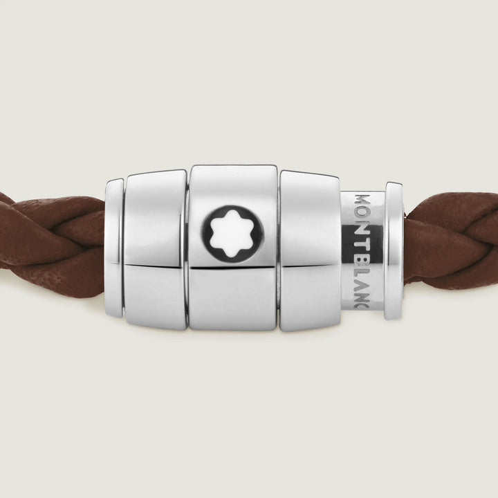 Bracelet Montblanc 3 anneaux en acier et cuir Meisterstück Brown Fawn taille S 13600060