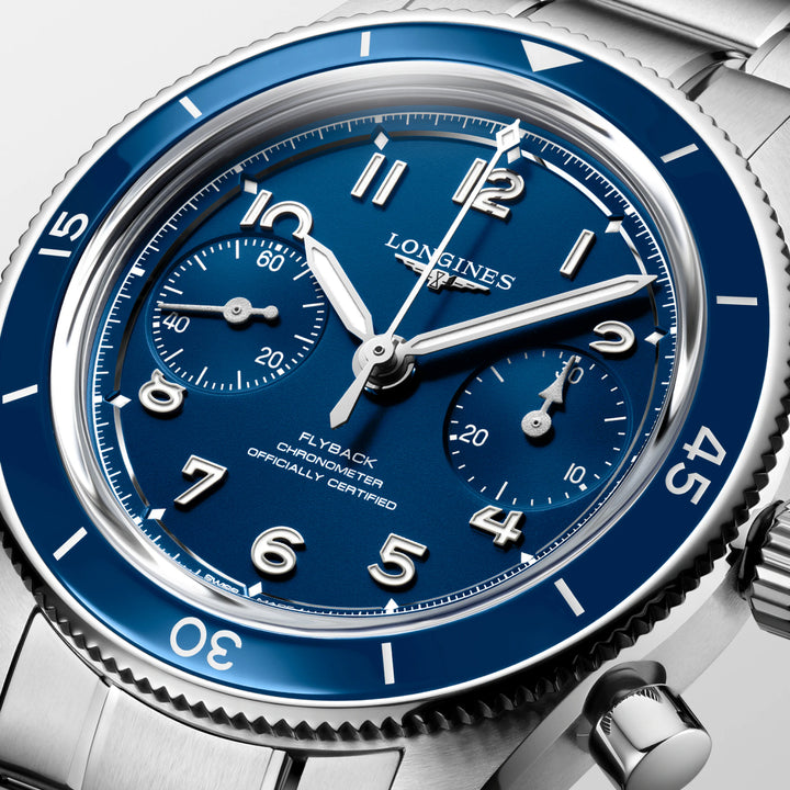 Longines orologio Spirit Pilot Flyback 39,5mm blu carica manuale acciaio L3.721.4.93.6