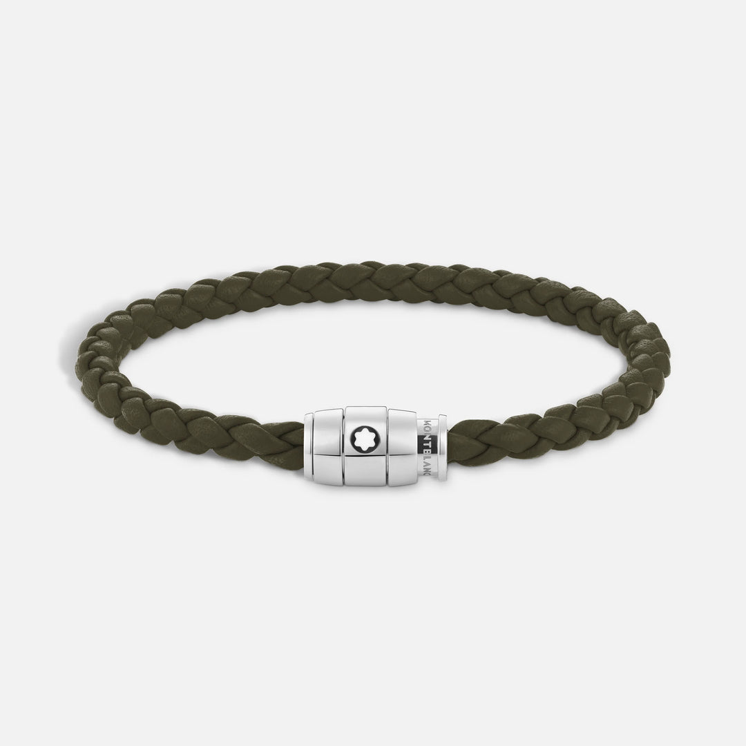 Bracelet Montblanc 3 anneaux en acier et cuir Meisterstück Kaki taille L 13600568