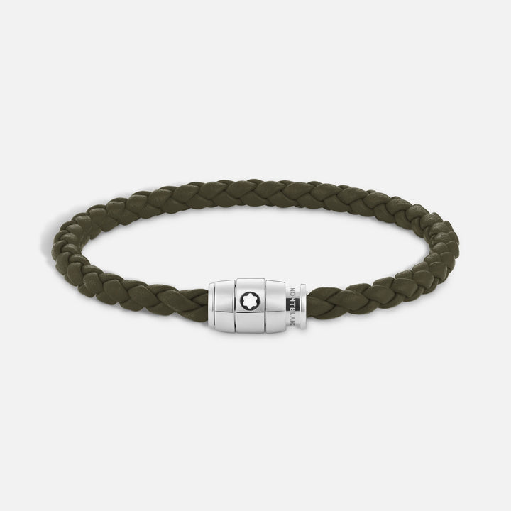 Bracelet Montblanc 3 anneaux en acier et cuir Meisterstück Kaki taille L 13600568