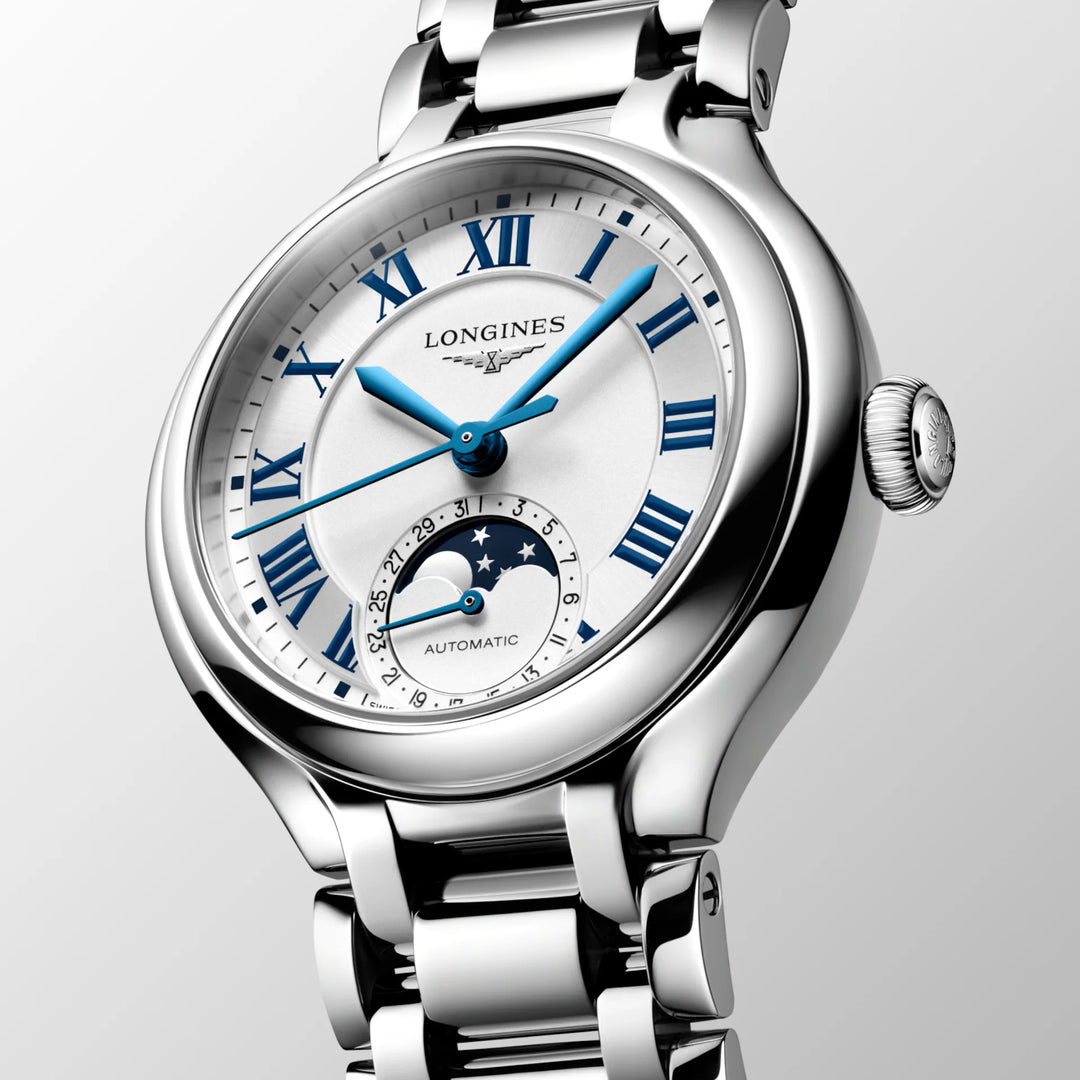 Reloj Longines Primaluna Moonphase 34mm plateado automático acero L8.126.4.71.6