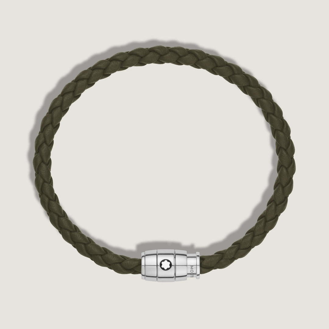 Bracelet Montblanc 3 anneaux en acier et cuir Meisterstück Kaki taille L 13600568
