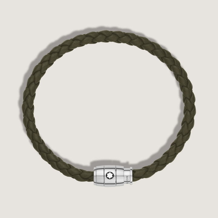 Bracelet Montblanc 3 anneaux en acier et cuir Meisterstück Kaki taille L 13600568