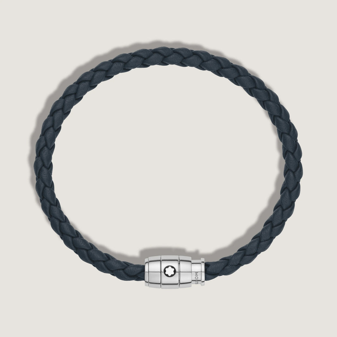 Montblanc bracciale in acciaio a 3 anelli e pelle Meisterstück Blu avio misura M 13601363