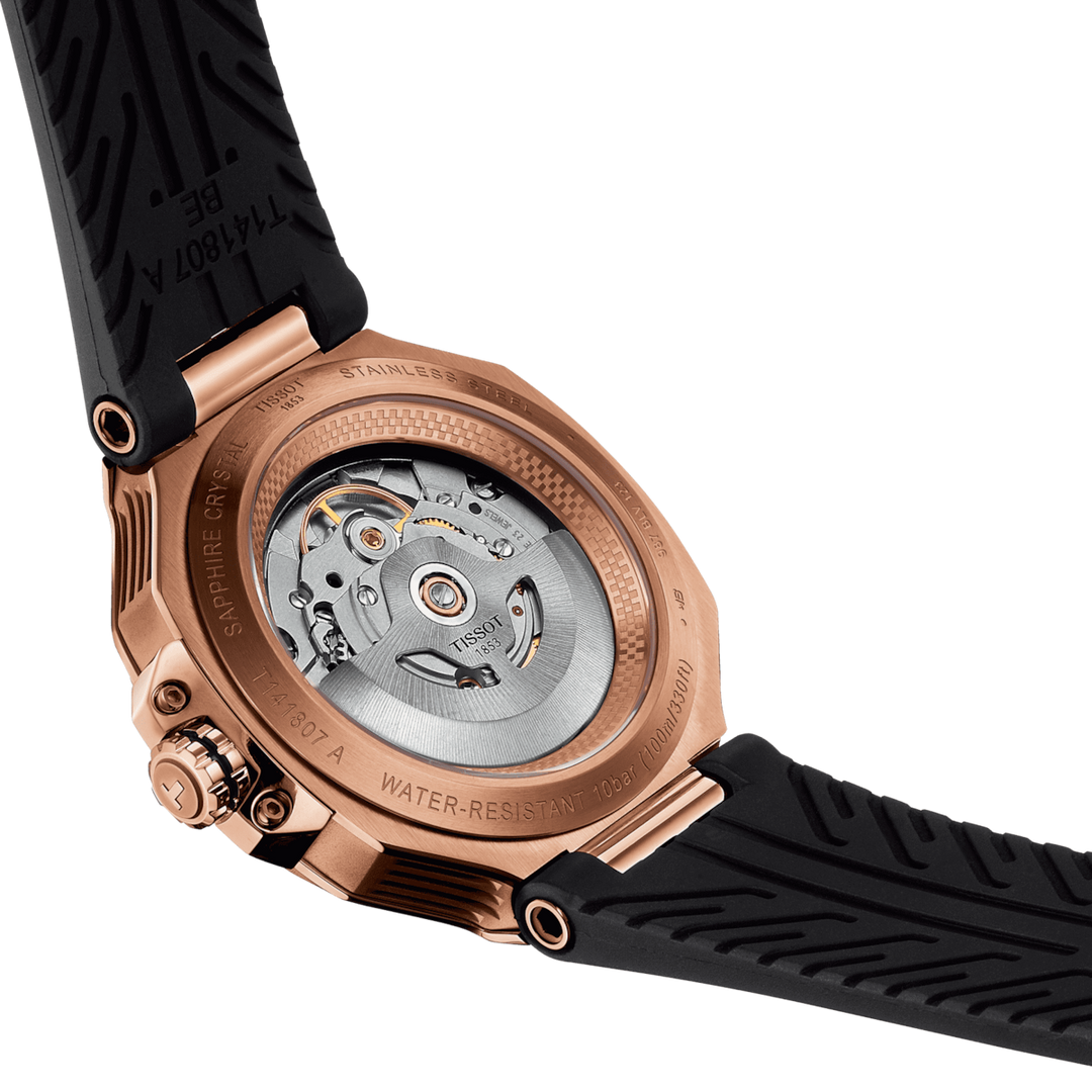 Tissot orologio T-Race Powermatic 80 41mm nero automatico acciaio finitura PVD oro rosa T141.807.37.051.00