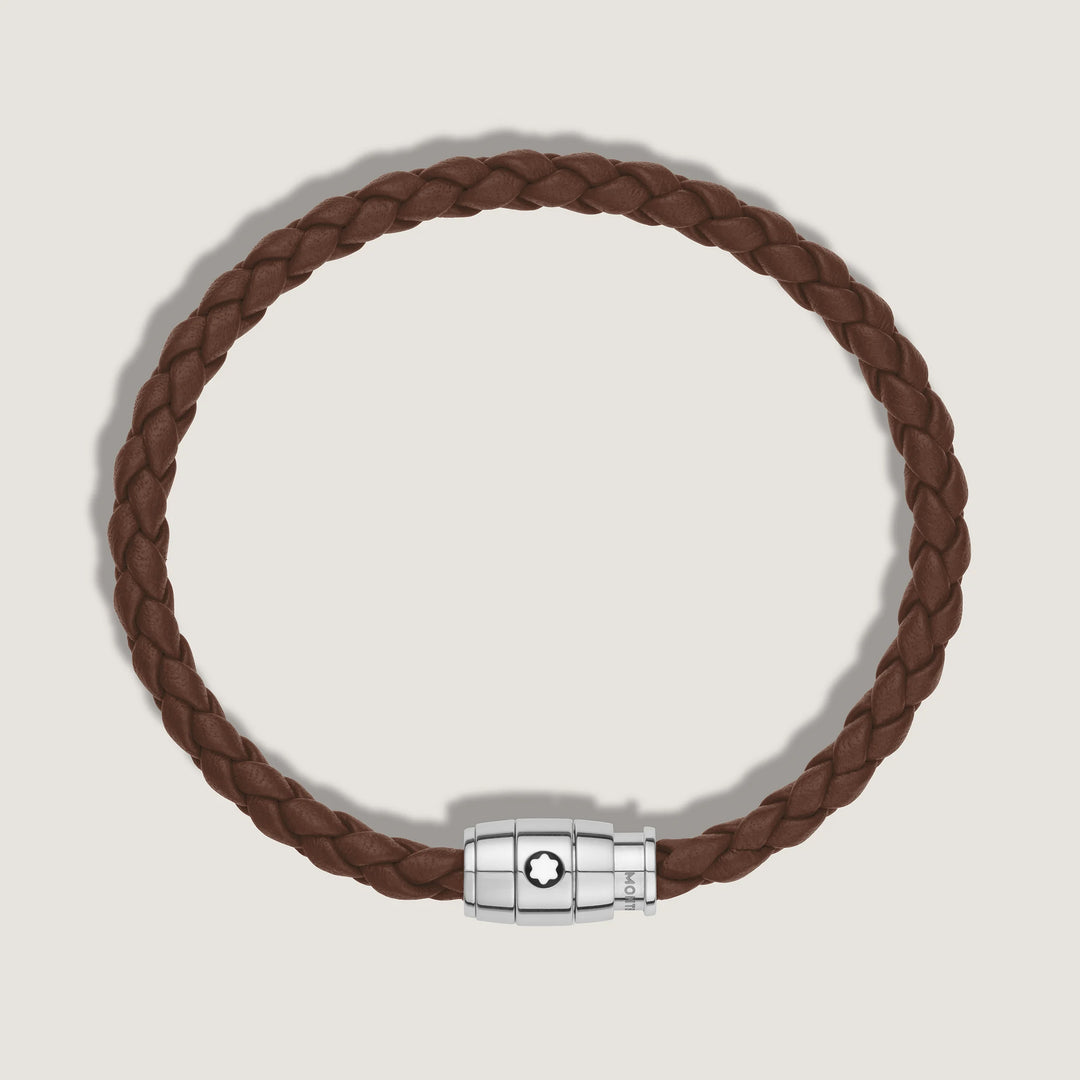 Montblanc bracciale in acciaio a 3 anelli e pelle Meisterstück Marrone Fulvo misura L 13600268