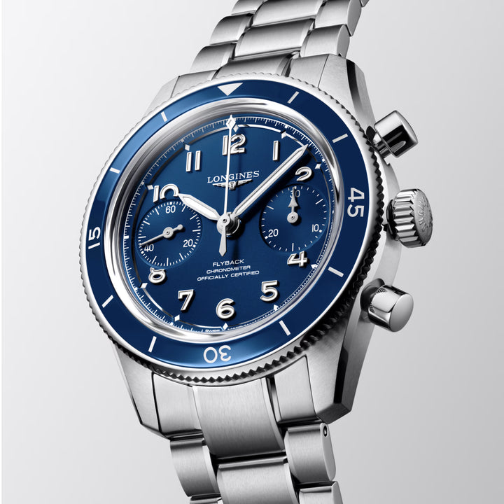 Longines orologio Spirit Pilot Flyback 39,5mm blu carica manuale acciaio L3.721.4.93.6