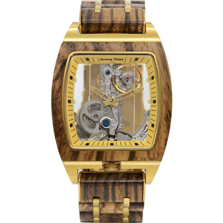 Groene tijd Automatische klok 44x39mm Automatisch skeletstalen afwerking PVD Gold Wood ZW169C