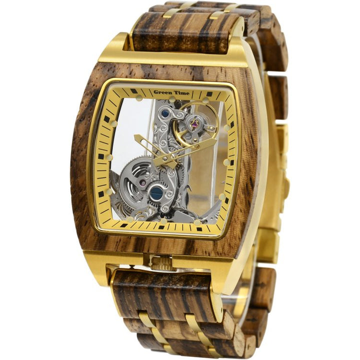 Groene tijd Automatische klok 44x39mm Automatisch skeletstalen afwerking PVD Gold Wood ZW169C