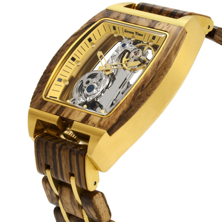 Groene tijd Automatische klok 44x39mm Automatisch skeletstalen afwerking PVD Gold Wood ZW169C