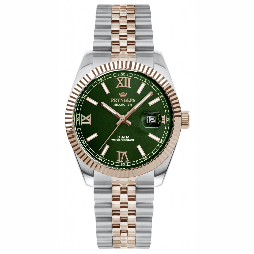 Pryngps erre x 32 mm horloge groen stalen pvd afwerkingen roze goud kwarts a822/2 ve
