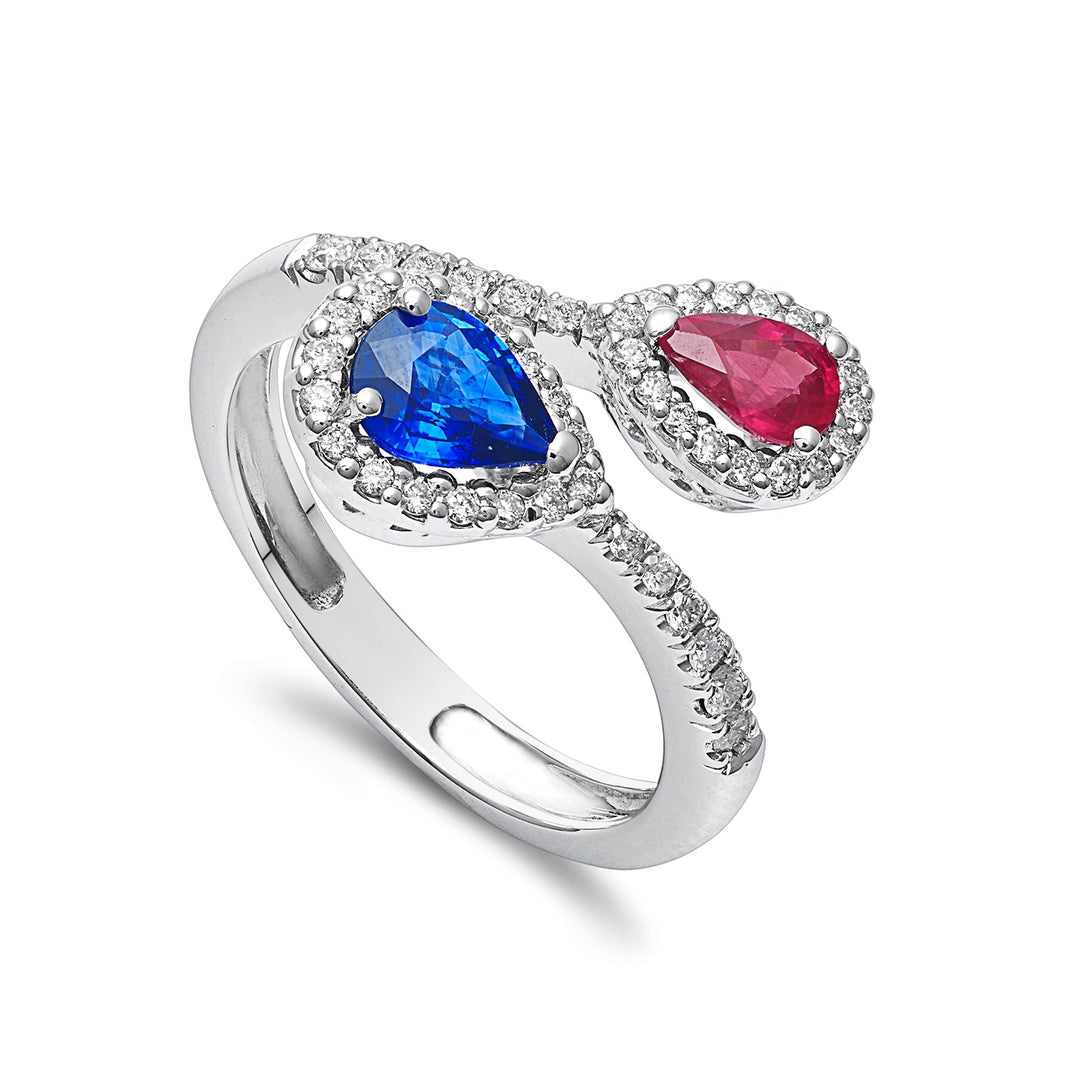 Golay Contorrier Ring Sapphire met Drop and Drop -Down Ruby