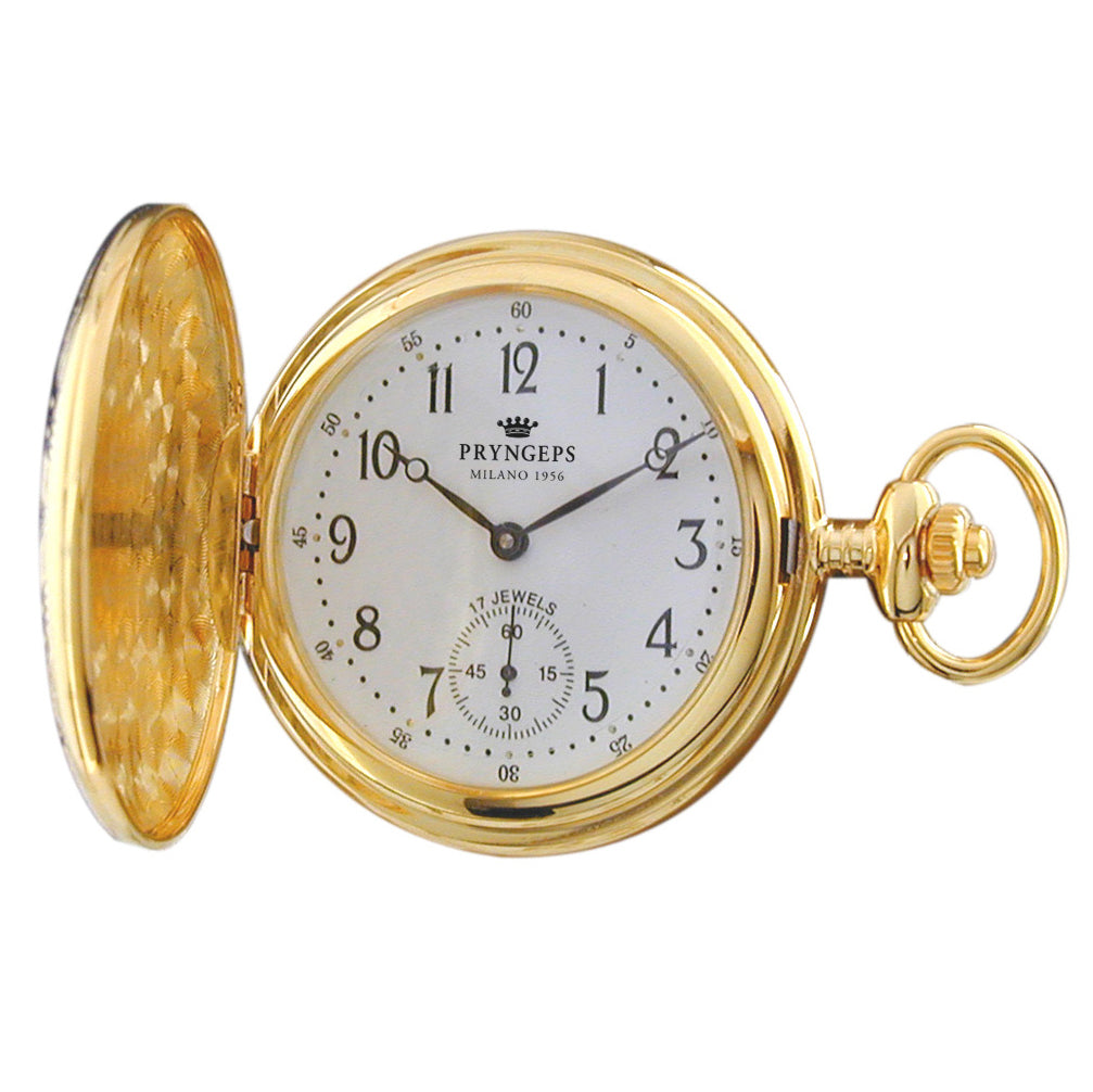 Reloj de bolsillo Pryngeps Reloj de acero de cuerda manual blanco PVD acabado oro amarillo T085L