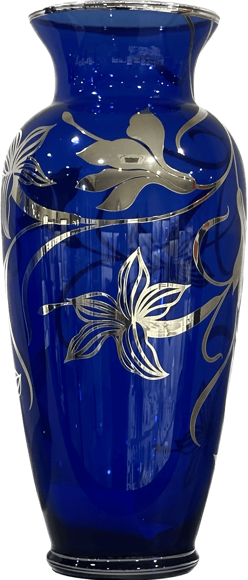 Argenti d'Arte vaso vetro soffiato blu decoro argento Giglio_Blu - Capodagli 1937
