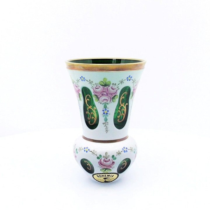 Crystal BOHEMIA Czecoslovakia green opaline crystal glass with floral decorations and golden finishes A-S1819-1 - Gioielleria Capodagli
