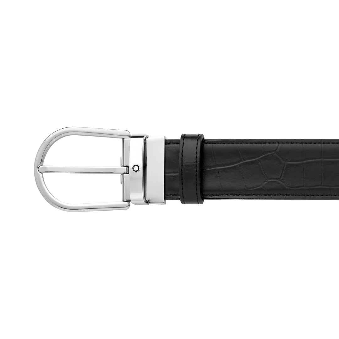 Montblanc cintura 35mm fibbia ferro di cavallo reversibile pelle nera liscia e stampata 130016 - Capodagli 1937