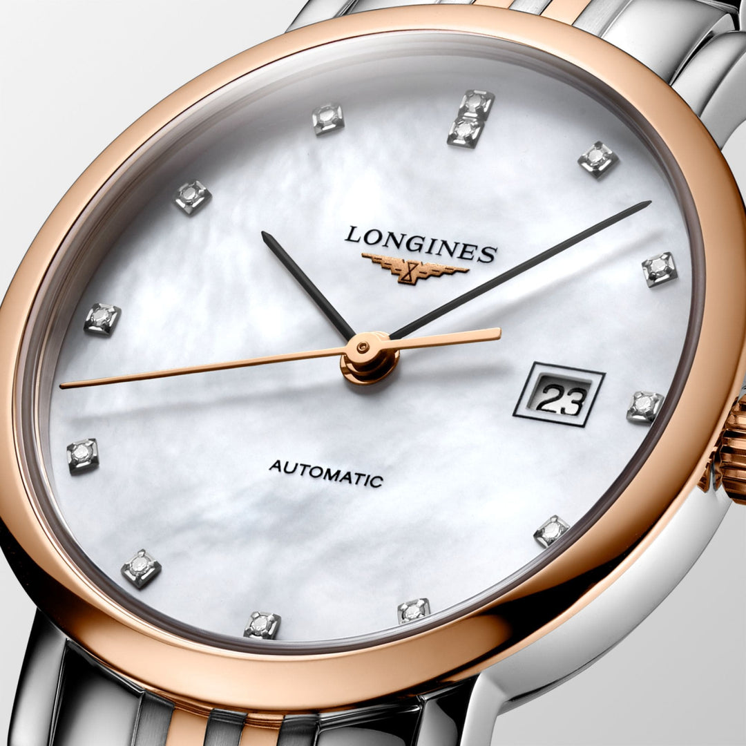 Longines orologio Elegant Collection 29mm madreperla brillanti automatico acciaio finiture oro rosa L4.310.5.87.7